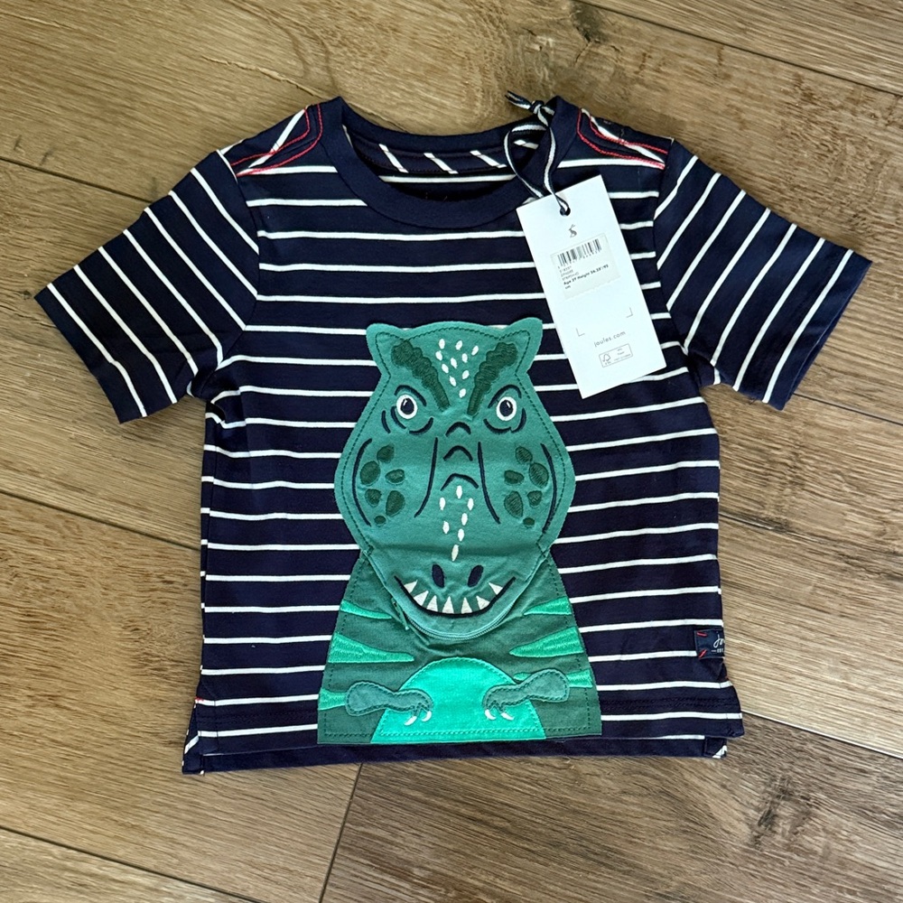 Joules Navy and White Striped Dinosaur Tee with Zip Open Mouth - Size 2Y